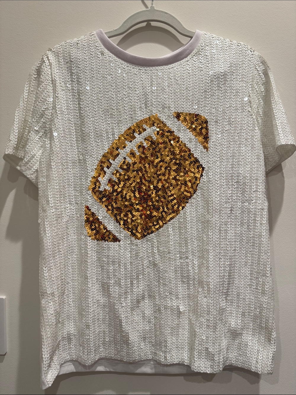 White Sequin Tee with Gold Football Accent